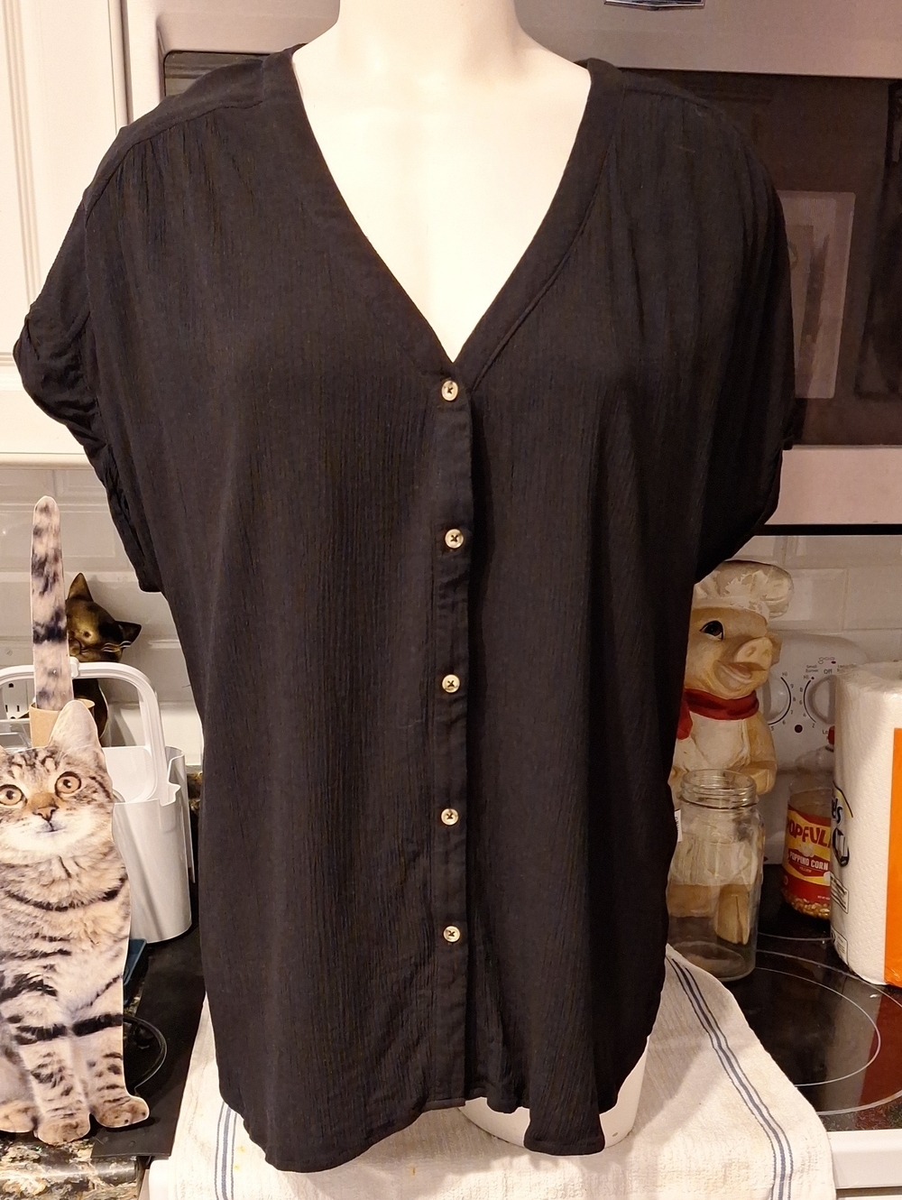 r Orvis Black Button-Front V-Neck Blouse XXL